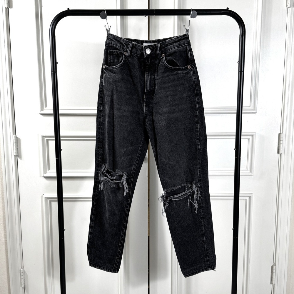 Zara Mom Jeans Women's Size 2 Black Distressed Denim Grunge Y2K